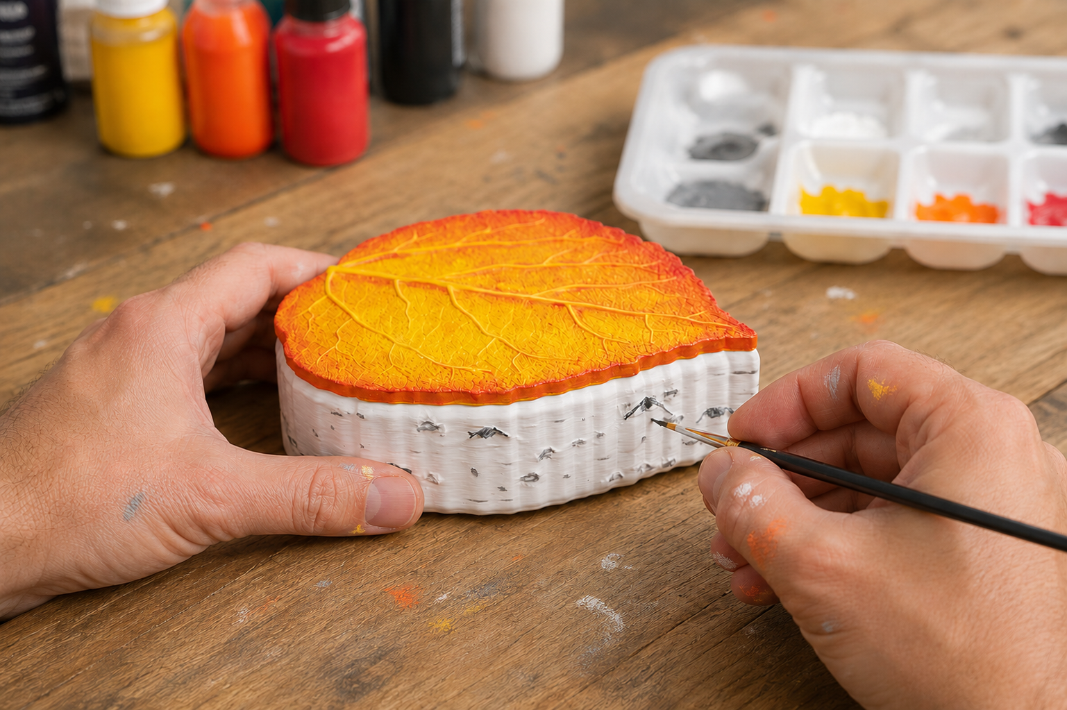 Hand-painting an aspen leaf box in the studio